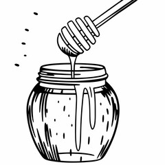Hand drawn illustration of a glass jar filled with honey and a wooden dipper dripping sweet liquid
