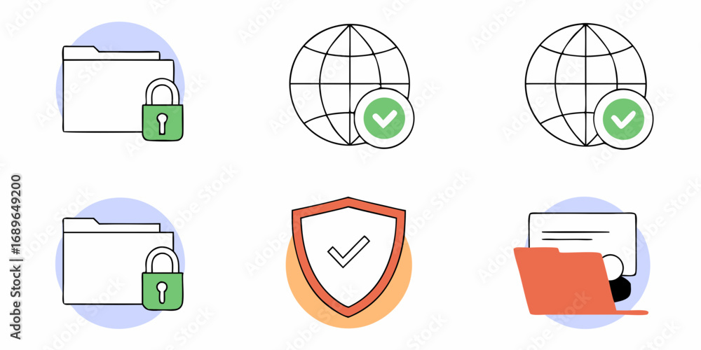 Aufkleber set of security and data protection icons including locked folder verified globe and shield with che