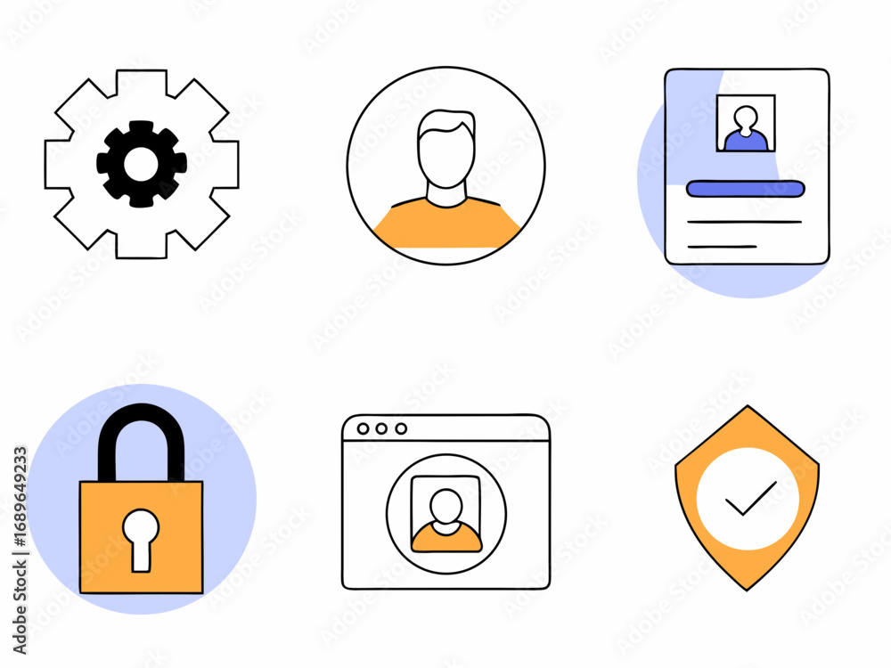 Poster set of six modern flat design icons representing user profile settings security and privacy online