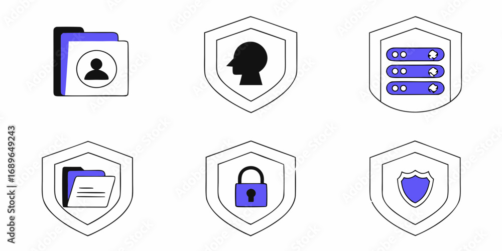 Poster set of six modern flat icons representing data security privacy and protection concepts