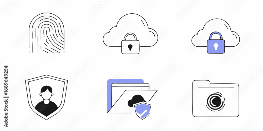 Poster set of modern security and data protection icons including fingerprint locked cloud shield folder an