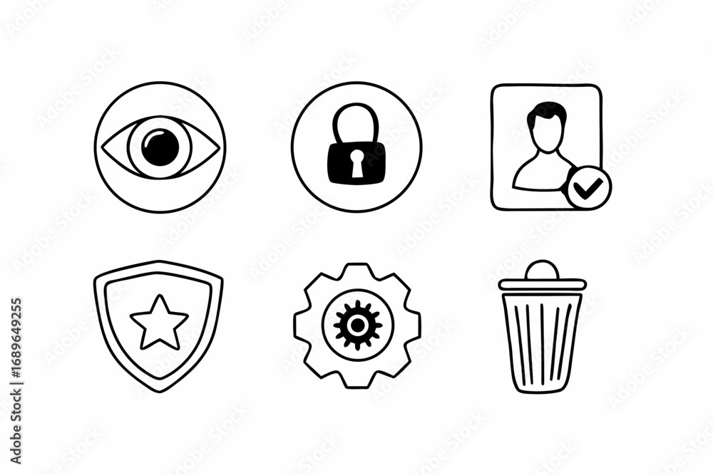 Fototapete set of simple outline icons representing security privacy user profile settings and deletion on a wh