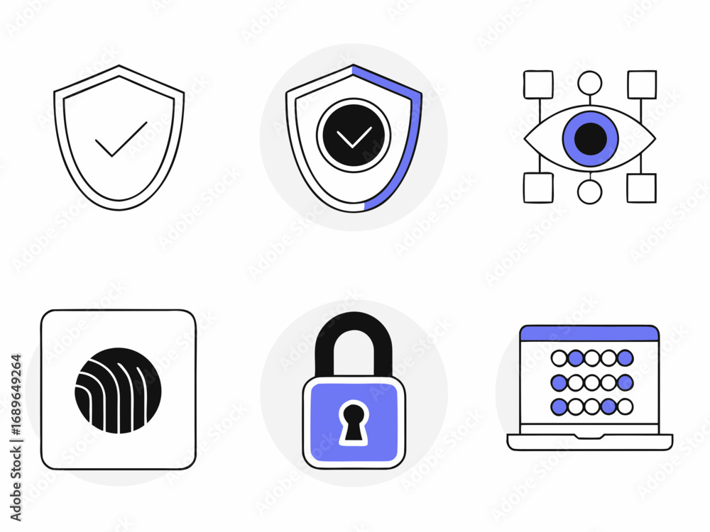 Aufkleber set of six modern flat design icons representing security privacy and data protection concepts