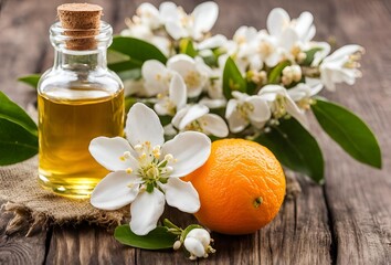 Orange essential oil with orange blossoms, distilled from 1,000 pounds of bitter orange flowers for one pound of precious oil.