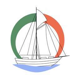 Stylized sailboat with sails full of wind set against a backdrop of green and orange arcs and blue water