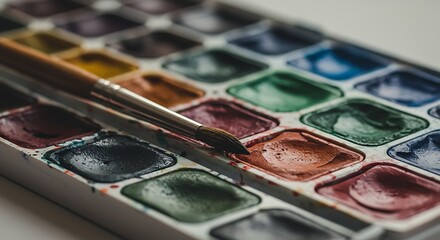 Watercolor paint set with brush and colors.