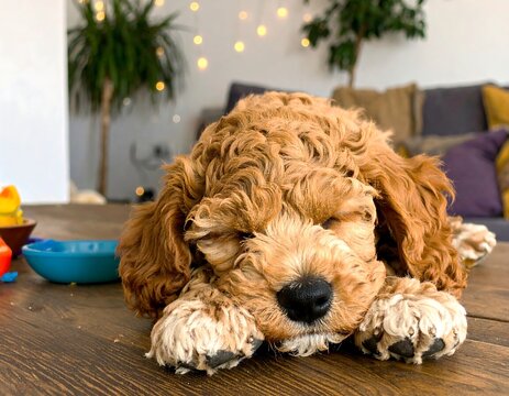 Cute puppy resting on a wooden table at home