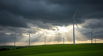 Sunbeams breaking through dramatic storm clouds over a lush green field dotted with wind turbines