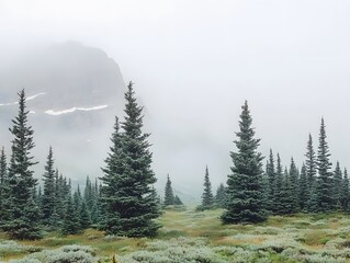 Misty Mountain Landscape with Evergreen Trees