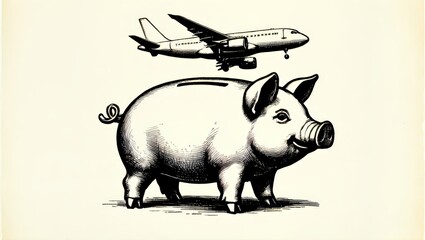 Piggy bank with airplane flying above in vintage illustration style  