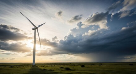 Obraz premium Majestic Wind Turbine Harnessing Renewable Energy Under Dramatic Skies