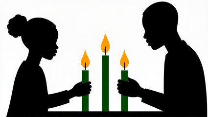Black child and man holding green candles with flames together  