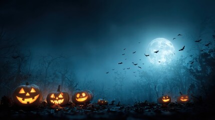 Eerie Halloween scene with glowing pumpkins under a bright moon in a spooky forest