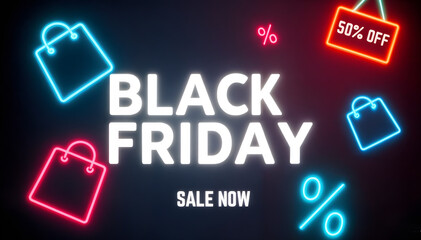 A vibrant digital image with 'BLACK FRIDAY' and 'SALE NOW' in glowing white letters at the center against a dark background. 