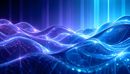 Abstract Digital Waveform with Glowing Nodes and Light Beams Futuristic Blue and Purple Terrain with Vertical Stripes and Particles Sci-Fi Background Featuring Data Flow, Energy, and Tech Aesthetics