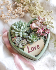 A casual photo of a mini succulent garden as a gift. A ceramic heart-shaped dish with the inscription "Love" contains a beautiful composition of echeveria, sedum and other colorful succulents. Around 