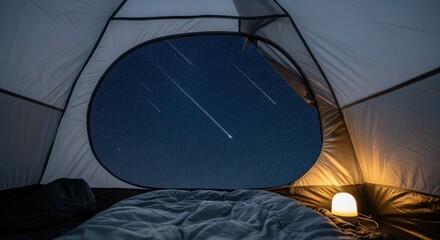 Meteor Shower Viewed from Inside a Tent with Warm Lamp Light