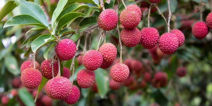Clusters of ripe lychees hanging from a tree branch, a vibrant display of nature's bounty.