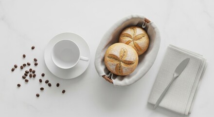 Minimalist breakfast scene with coffee beans, rolls, cup, and knife on white background