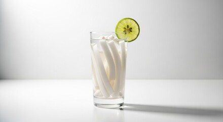 Minimalist drink: White sticks in glass with lime slice on white background