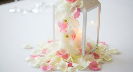 Decorative lantern adorned with rose petals creates a romantic ambiance at the evening gathering in a cozy venue