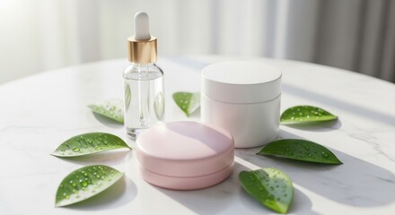 Minimalist skincare product display with serum, cream, and fresh green leaves on marble surface