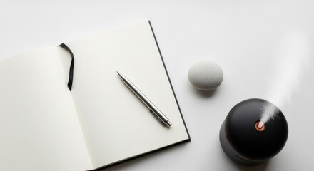 Minimalist workspace: Open notebook, silver pen, diffuser emitting mist, and decorative stone