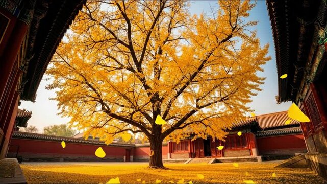 A majestic Ginkgo tree in full autumn glory, with golden leaves against a traditional Chinese courtyard backdrop.