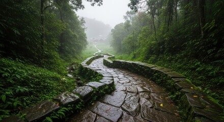 Misty Stone Path Leading to Village Through Lush Green Forest Landscape