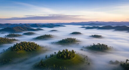 Fototapeta premium Misty Valley: Aerial View of Forested Hills Emerging from a Sea of Fog at Dawn