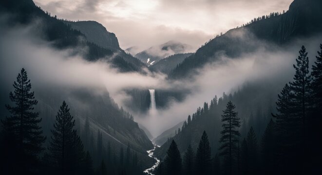Misty Valley Waterfall: A Dramatic Landscape with Towering Pines and Ethereal Fog