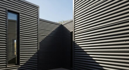 Modern Architecture: Corrugated Metal Facade with Sharp Shadow Play and Minimalist Window