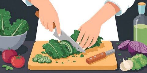 Preparing healthy meal with fresh greens and vegetables for vibrant lifestyle and balanced nutrition