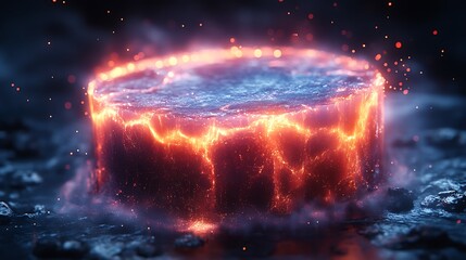 Molten Lava Circular Object Glowing Orange Cracks and Smoke abstract background