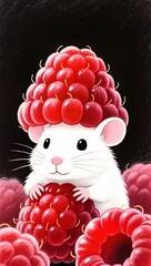 cute cartoon mouse sitting in raspberries with sweet smile on black background for children illustration or design