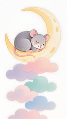 cute sleeping mouse curled on crescent moon with pastel clouds for use in children illustration, bedtime story, and cozy decor projects