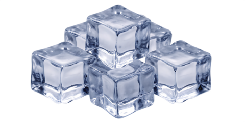 Five clear ice cubes clustered together isolated on a transparent background frozen