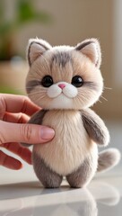 close up of cute kitten toy with hand touching on smooth surface for cozy projects