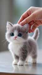 detailed view of adorable kitten toy touched by hand with soft light for product showcase