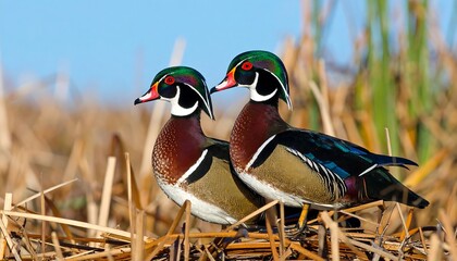 Two wood ducks perched in reeds