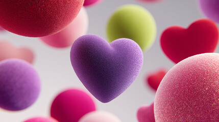 Fototapeta premium Soft colorful spheres and hearts in pink, purple, and green tones float against a light background. Perfect for romantic cards or festive decorations, creating an atmosphere of love and coziness.