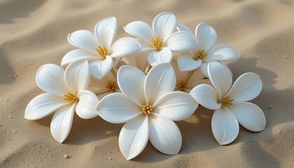 Naklejka premium White Plumeria Flowers on Sandy Beach 1.