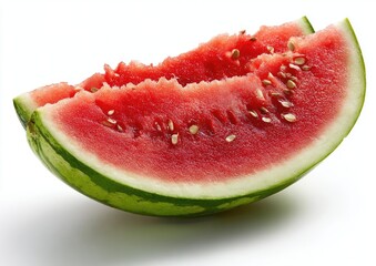 Close-up view of two watermelon slices, showcasing the vibrant red flesh and contrasting green rind, against a bright white background.