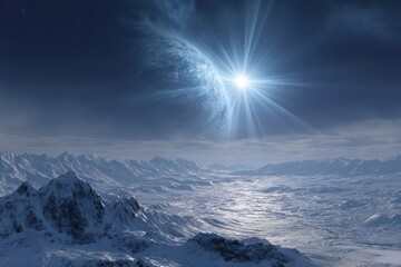 Icy planet glimmers under the glow of a radiant blue star in a vast, alien landscape with distant mountains and frozen terrain