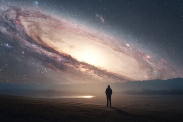 Fototapeta premium Stargazer observing a magnificent spiral galaxy above a serene landscape at twilight
