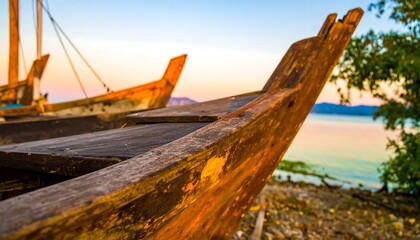 Wooden boats at sunset on a lake