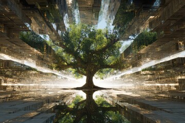 Universal pathways converge in a dimensional tree, merging space, technology, and nature in a captivating cosmic landscape