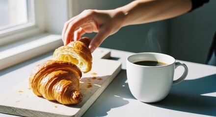 Morning Sunlight: Croissant and Coffee Still Life with Hand Reaching