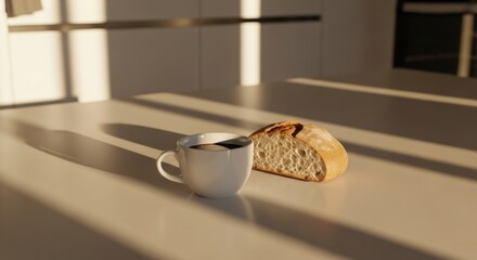 Morning Sunlight Illuminates Coffee and Bread on a Minimalist Kitchen Counter