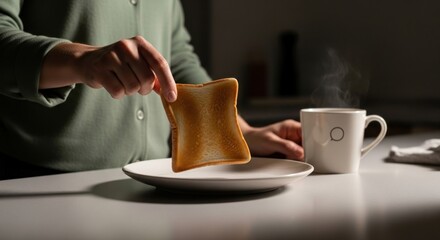 Morning Toast: A hand holds golden toast above a white plate with steaming coffee nearby